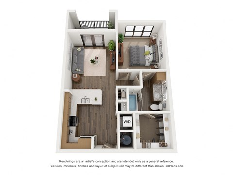 Floor plan for 1 bed, 1 bath, 689 sqft
